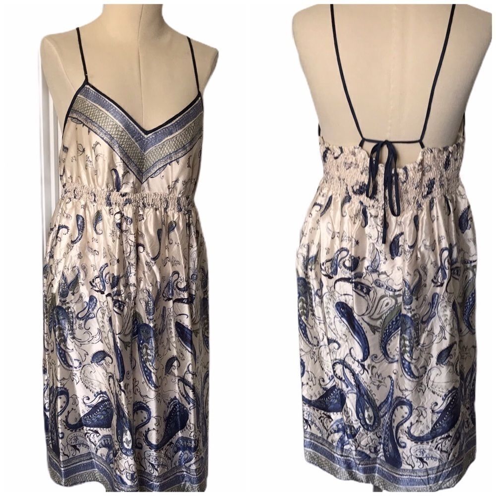 Mimi Maternity Empire Waist V-Neck Silk Tie Back Flowy Dress MIDI Blue Large EUC